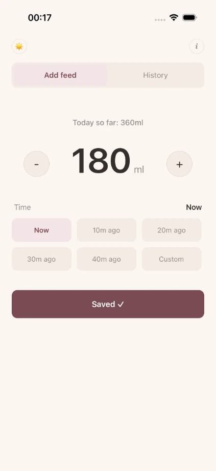 Fed Enough's Add feed screen: the amount, a row of time options, and a save button